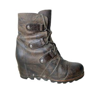 Sorel Joan of Arctic Wedge Boots Womens 6.5 Brown Leather Mid Calf Lace Up
